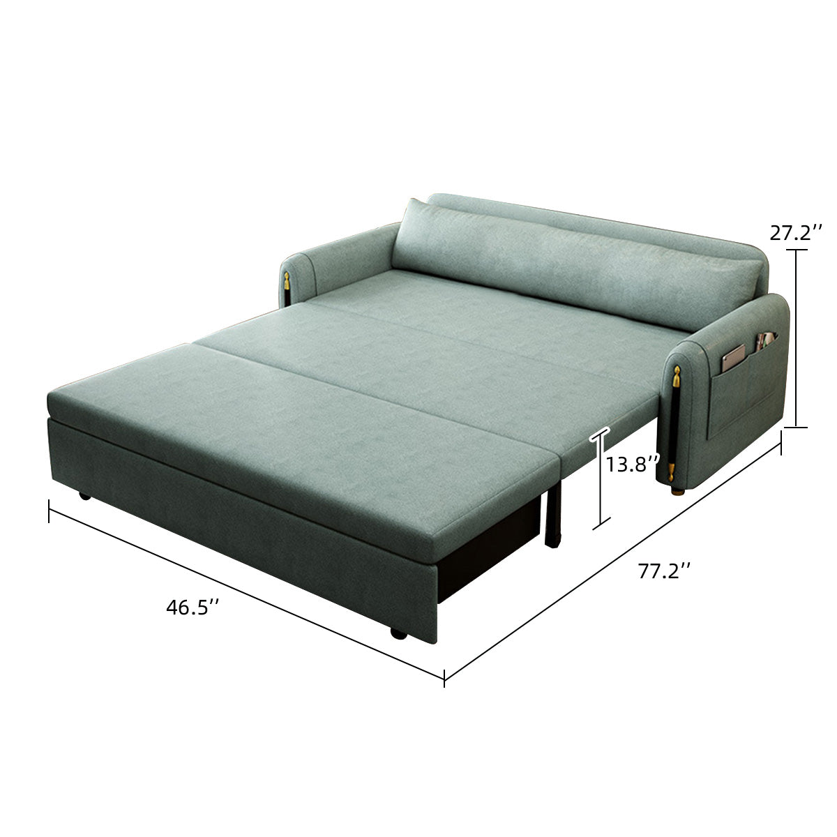 Modern Green Convertible Sofa Bed with Storage Pocket & Metal Legs