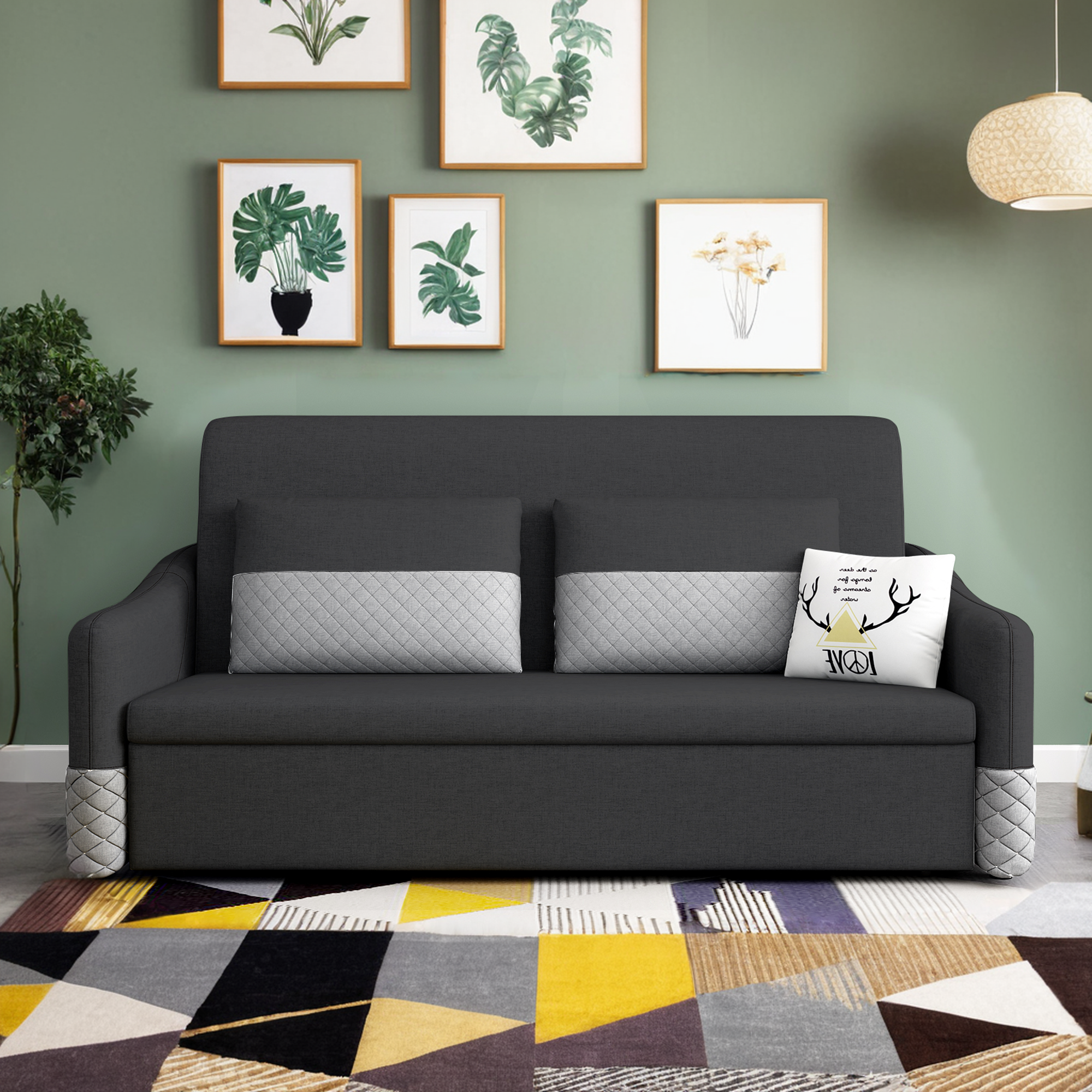 Grey Cotton Linen Pull Out Sofa Bed with Storage Chaise & Soft Seating