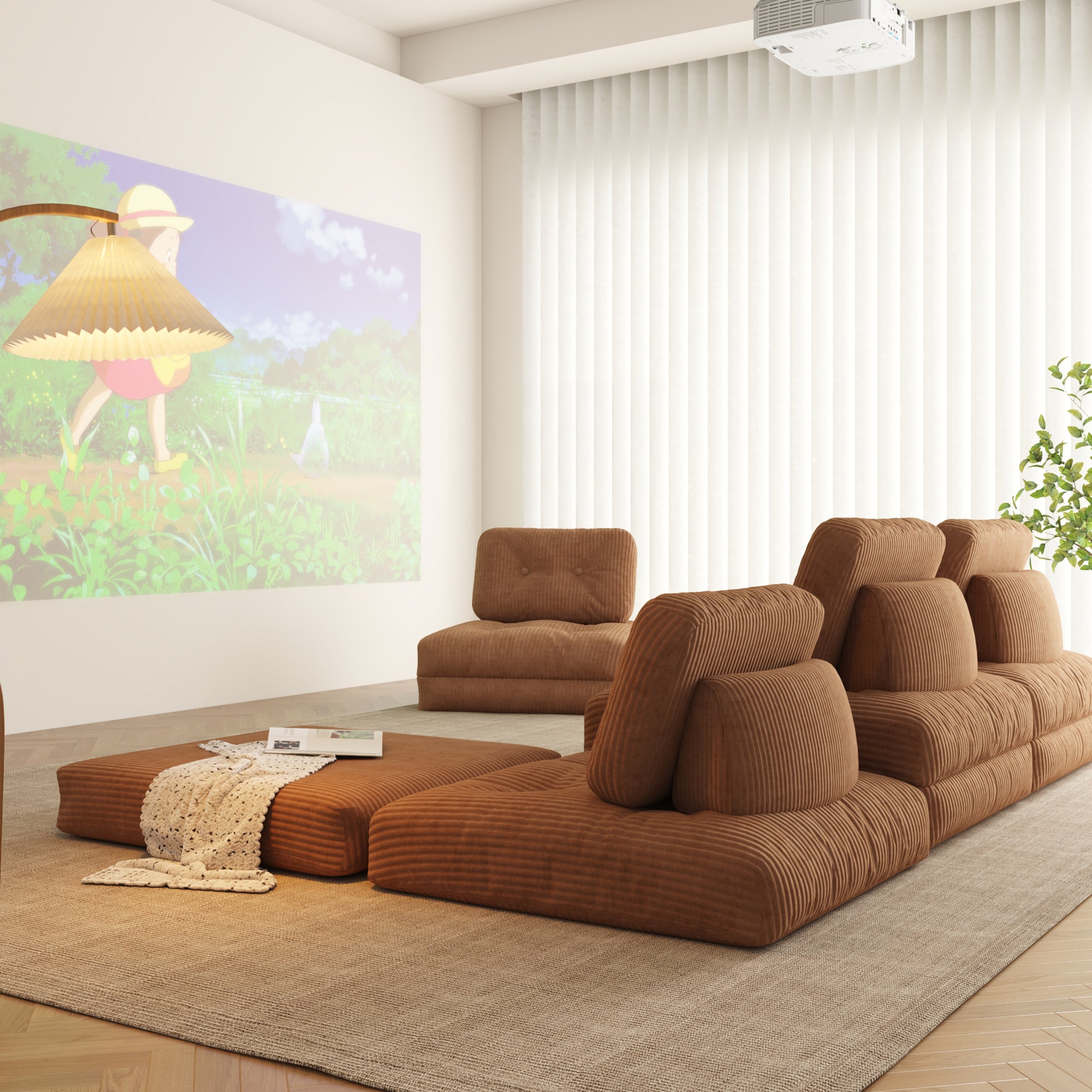 Beige & Brown Convertible Modular Floor Couch in Corduroy Velvet