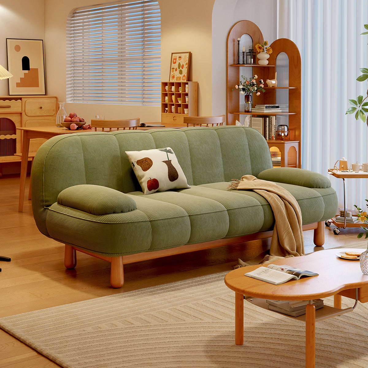 Japandi Loveseat Folding Sofa Bed in Cream White & Green - Corduroy Fabric & Ash Wood Base