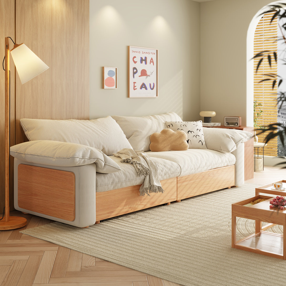 Japandi Pull-Out Sofa Bed in Corduroy, Linen & Woven Cotton-Linen