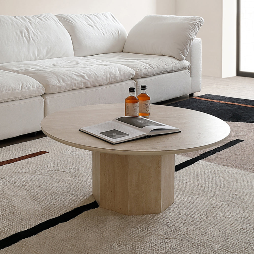 Japandi Round Coffee Table - Beige Travertine & Premium Wood