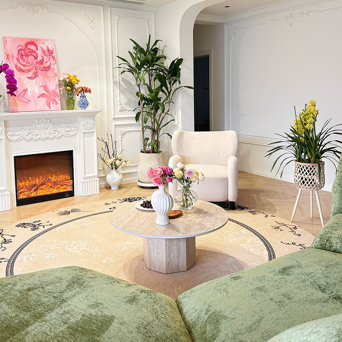 WEHOMZ Japandi Round Coffee Table - Beige Travertine & Sintered Stone Options