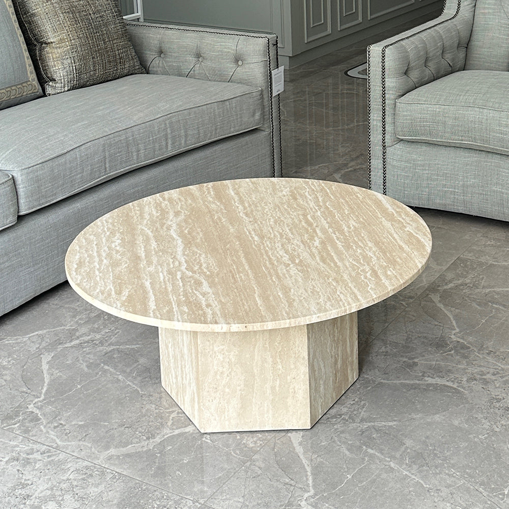 WEHOMZ Japandi Round Coffee Table - Beige Travertine & Sintered Stone Options