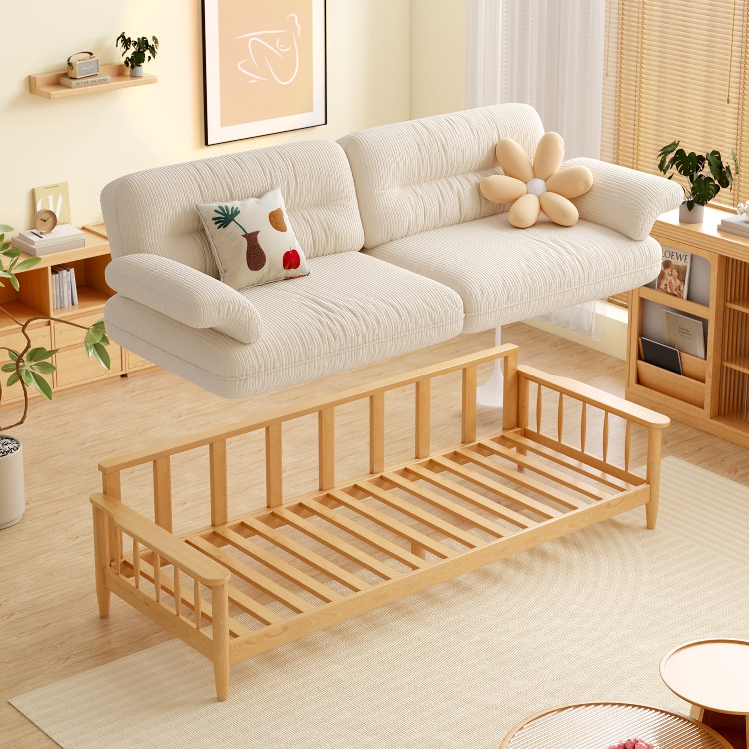 Japandi Solid Ash Wood Sofa in Cotton Linen, Corduroy & Pet-Safe Fabric