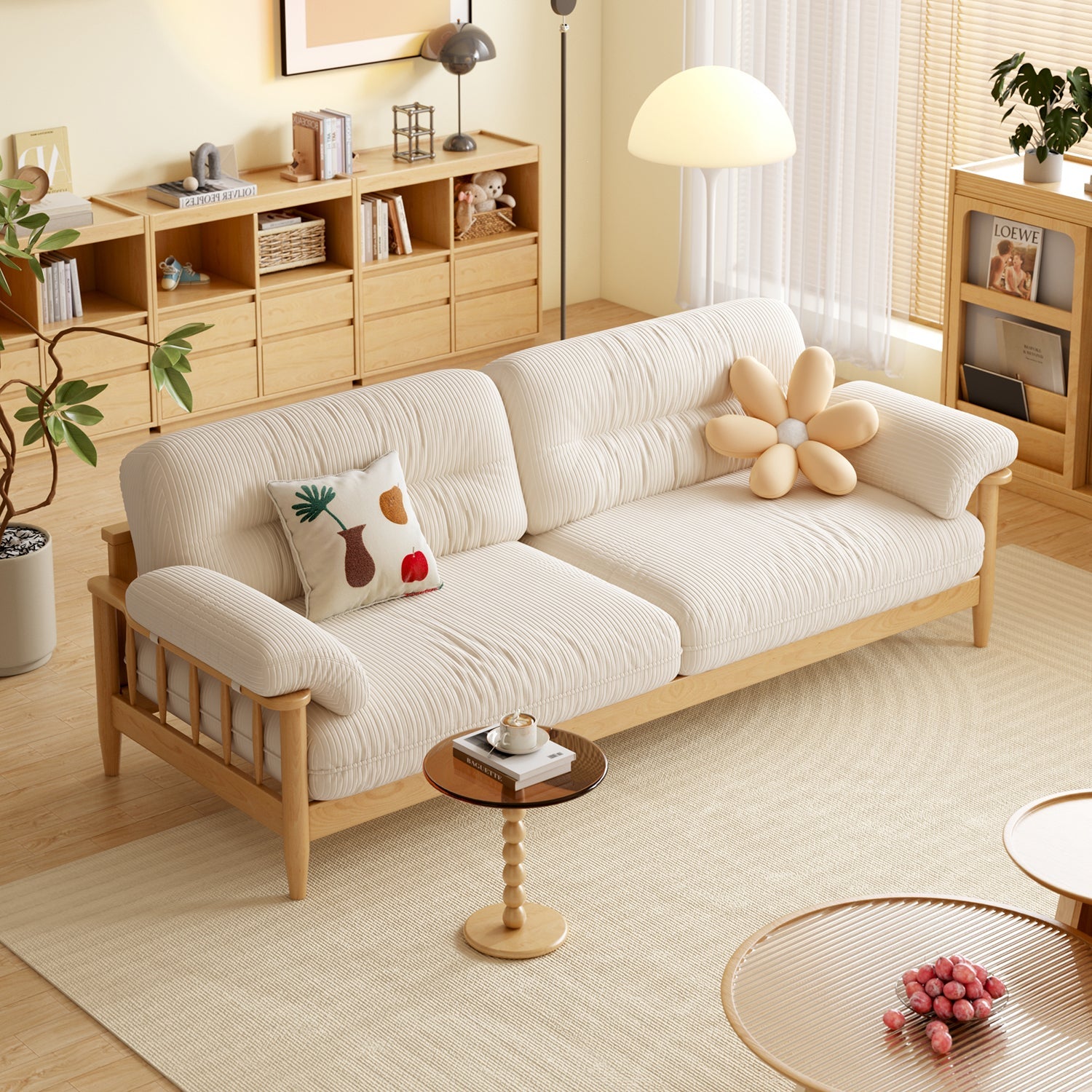 Japandi Solid Ash Wood Sofa in Cotton Linen, Corduroy & Pet-Safe Fabric