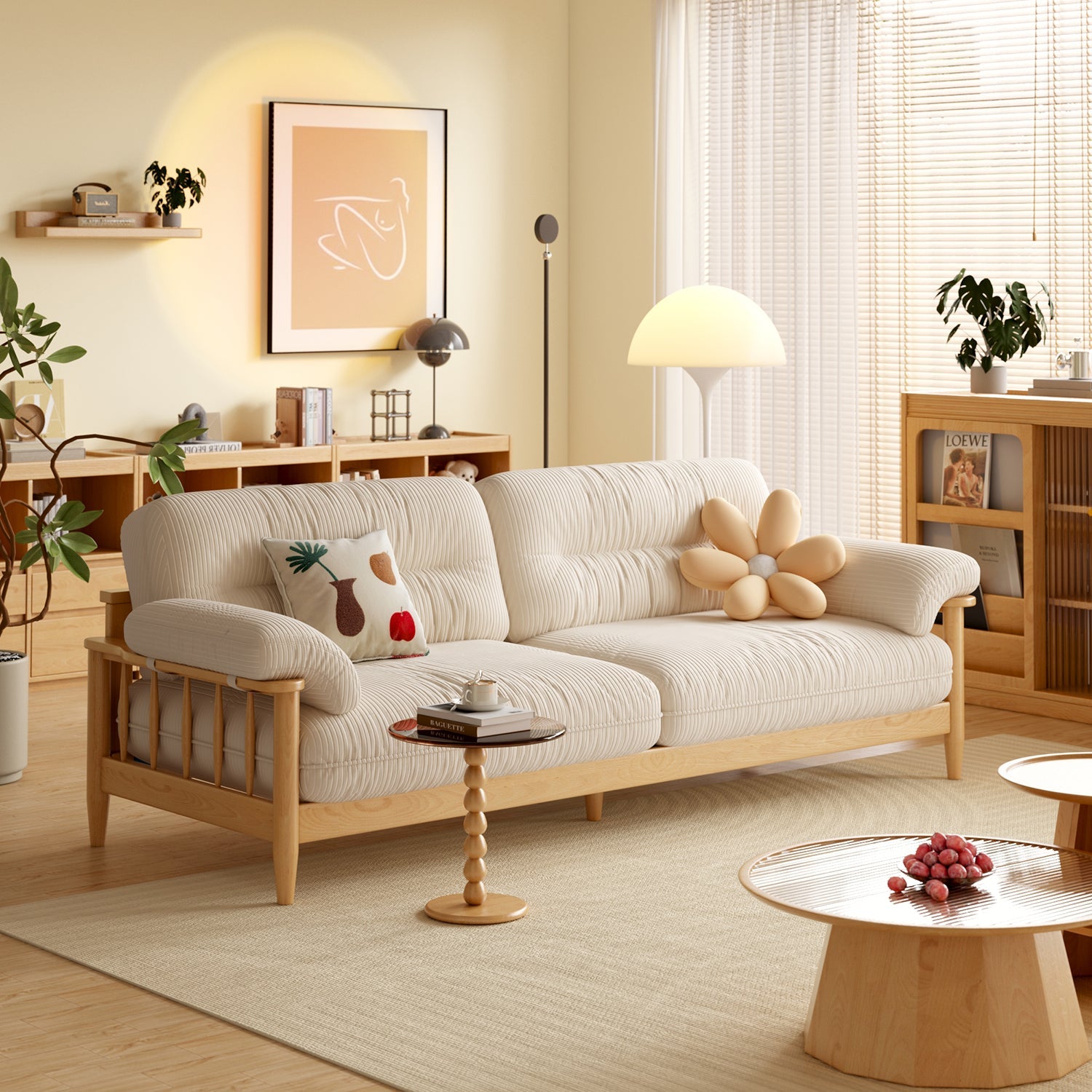 Japandi Solid Ash Wood Sofa in Cotton Linen, Corduroy & Pet-Safe Fabric