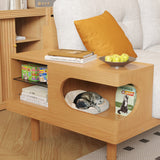 Japandi Style Beige Sofa with Wooden Base & Integrated Cat Den