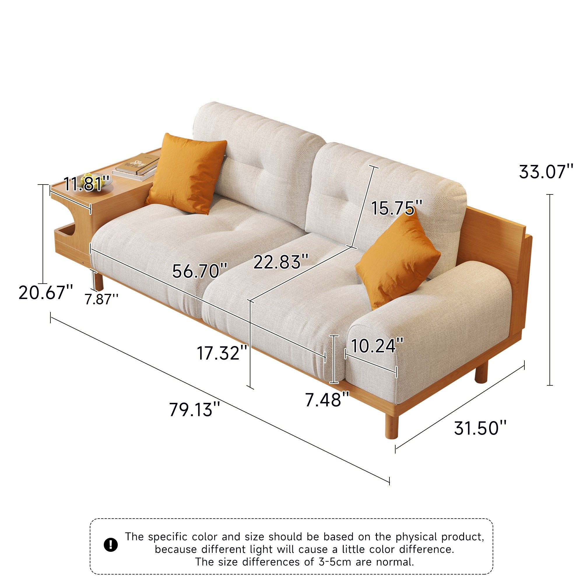 Japandi Style Beige Sofa with Wooden Base & Integrated Cat Den