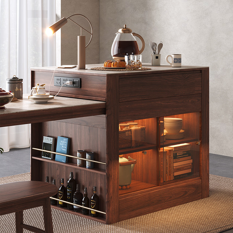 Multifunctional Kitchen Island & Extendable Dining Table with Sintered Stone Top in Walnut