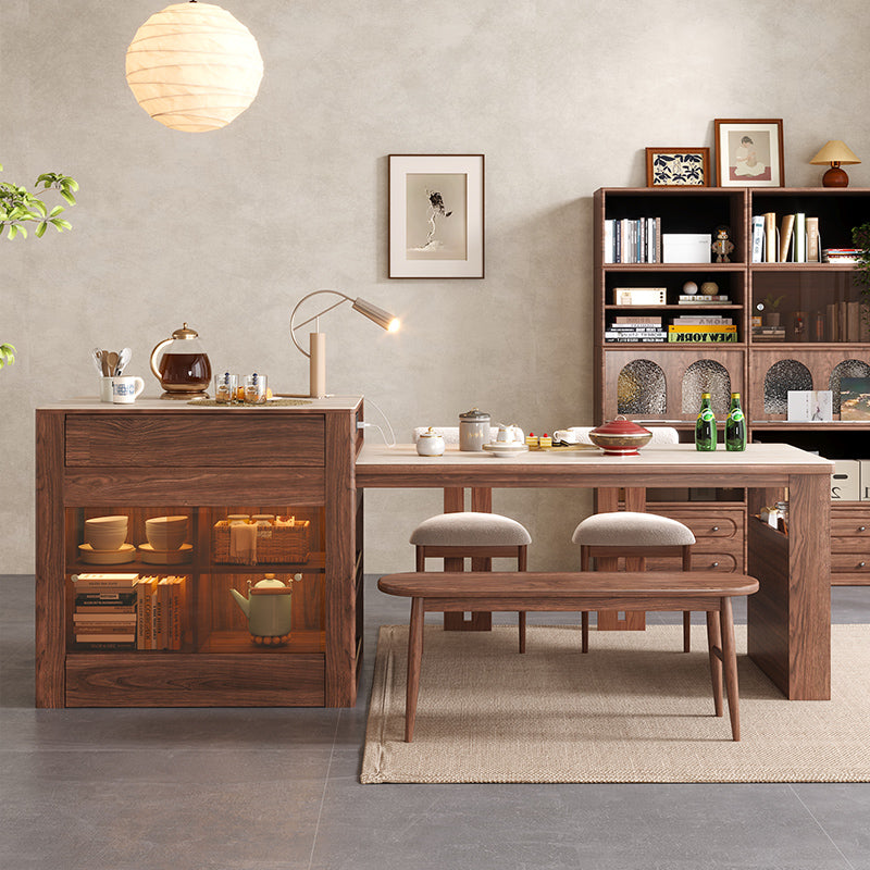 Multifunctional Kitchen Island & Extendable Dining Table with Sintered Stone Top in Walnut