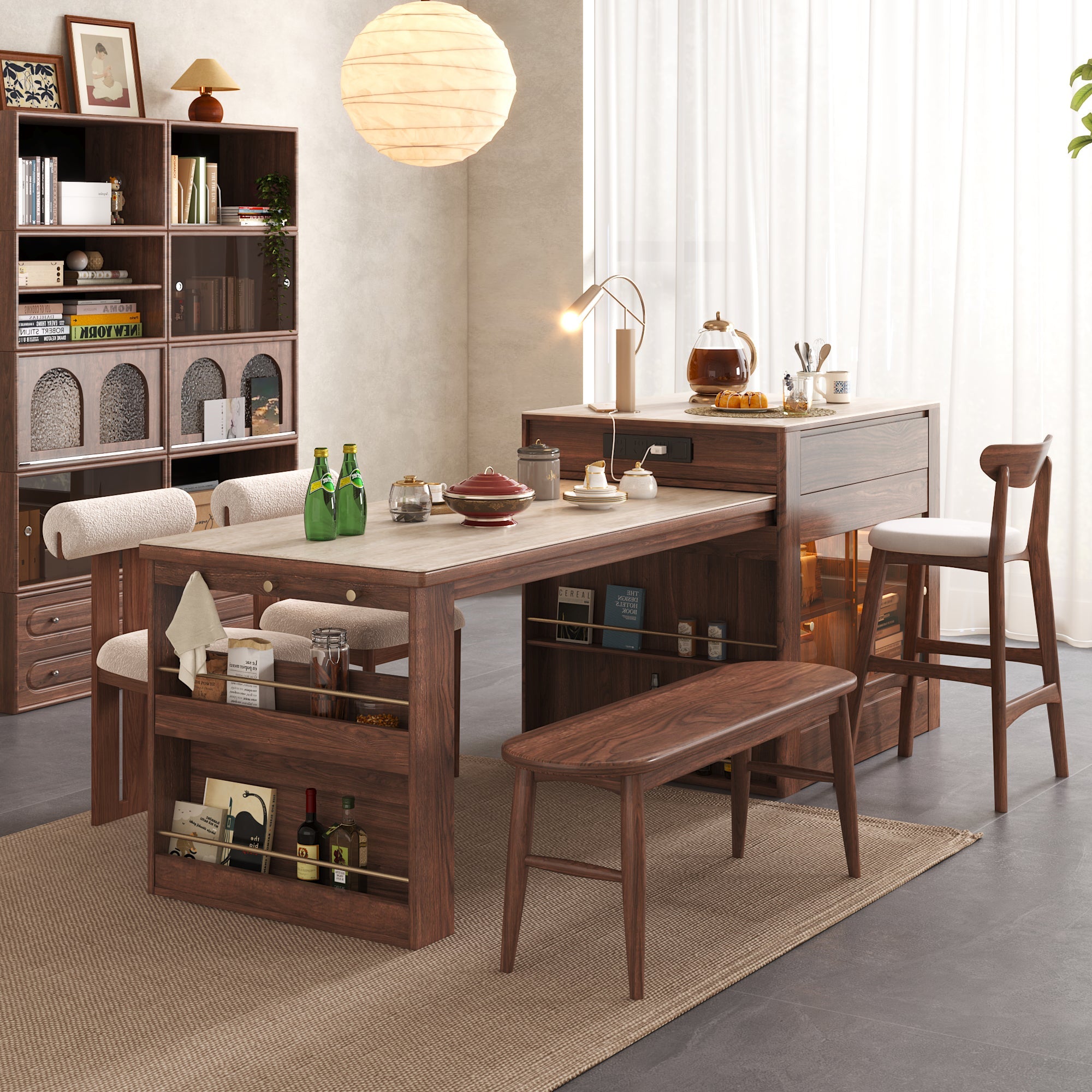 Multifunctional Kitchen Island & Extendable Dining Table with Sintered Stone Top in Walnut