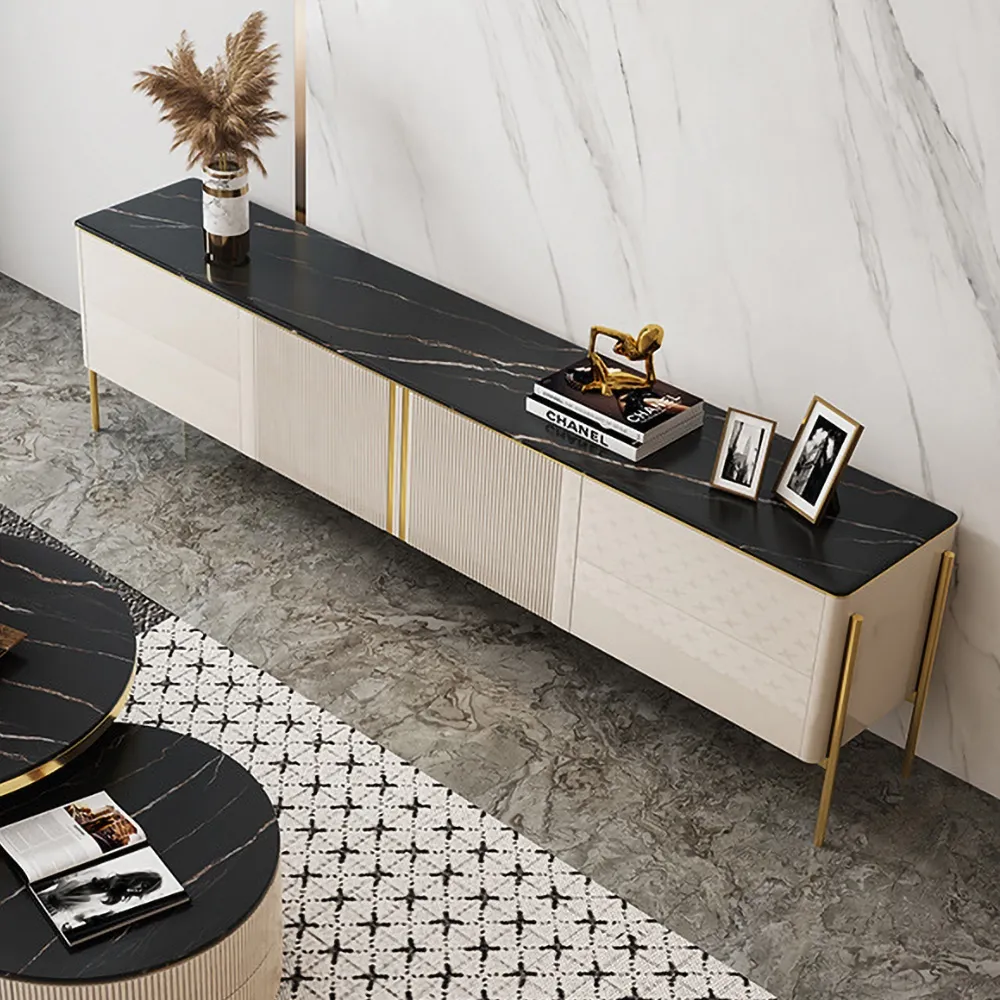 Elegant Gold Modern TV Stand with Sintered Stone Top & Stainless Steel Legs