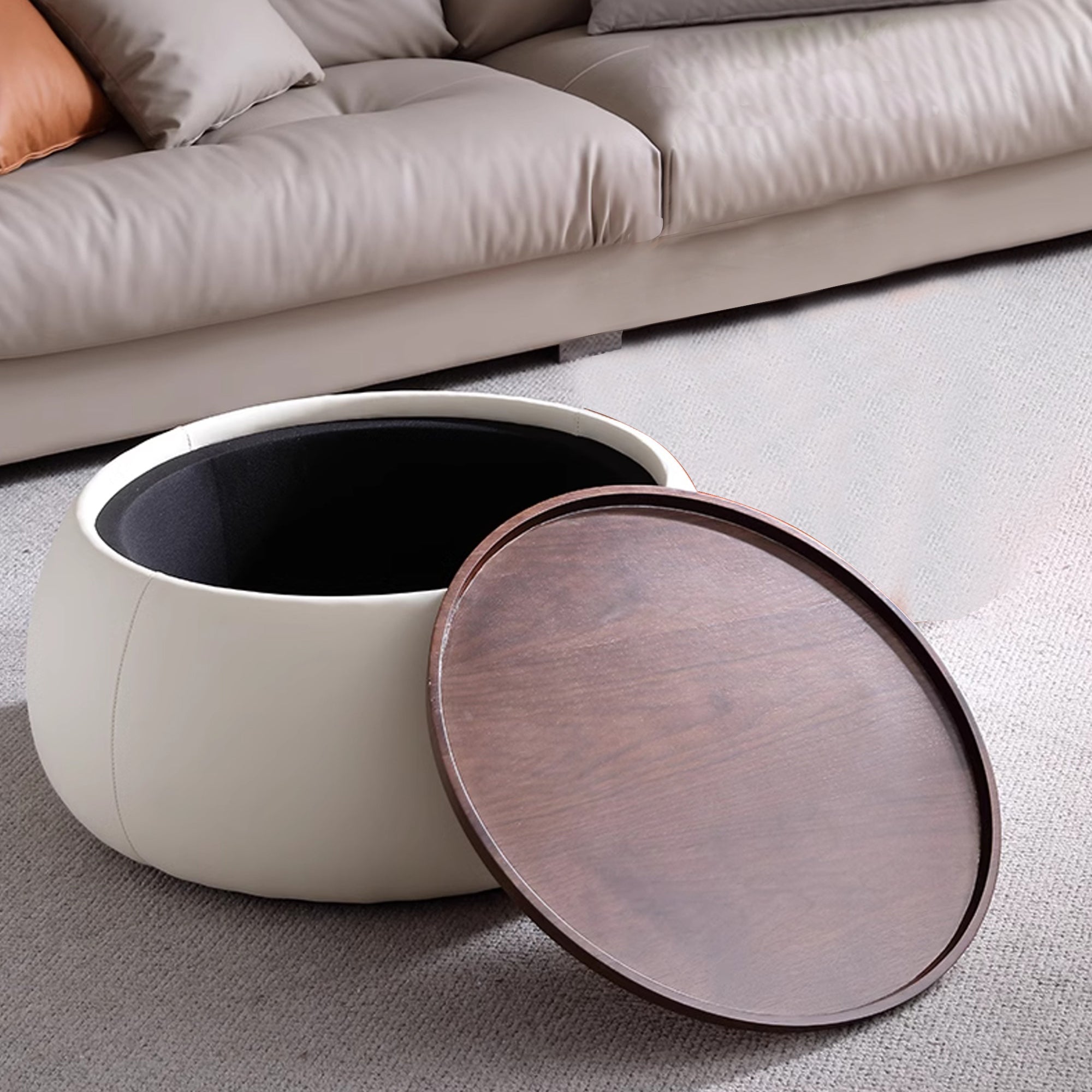 Modern Round Beige Coffee Table with Storage & Multi-Functional Hinged Tray Top