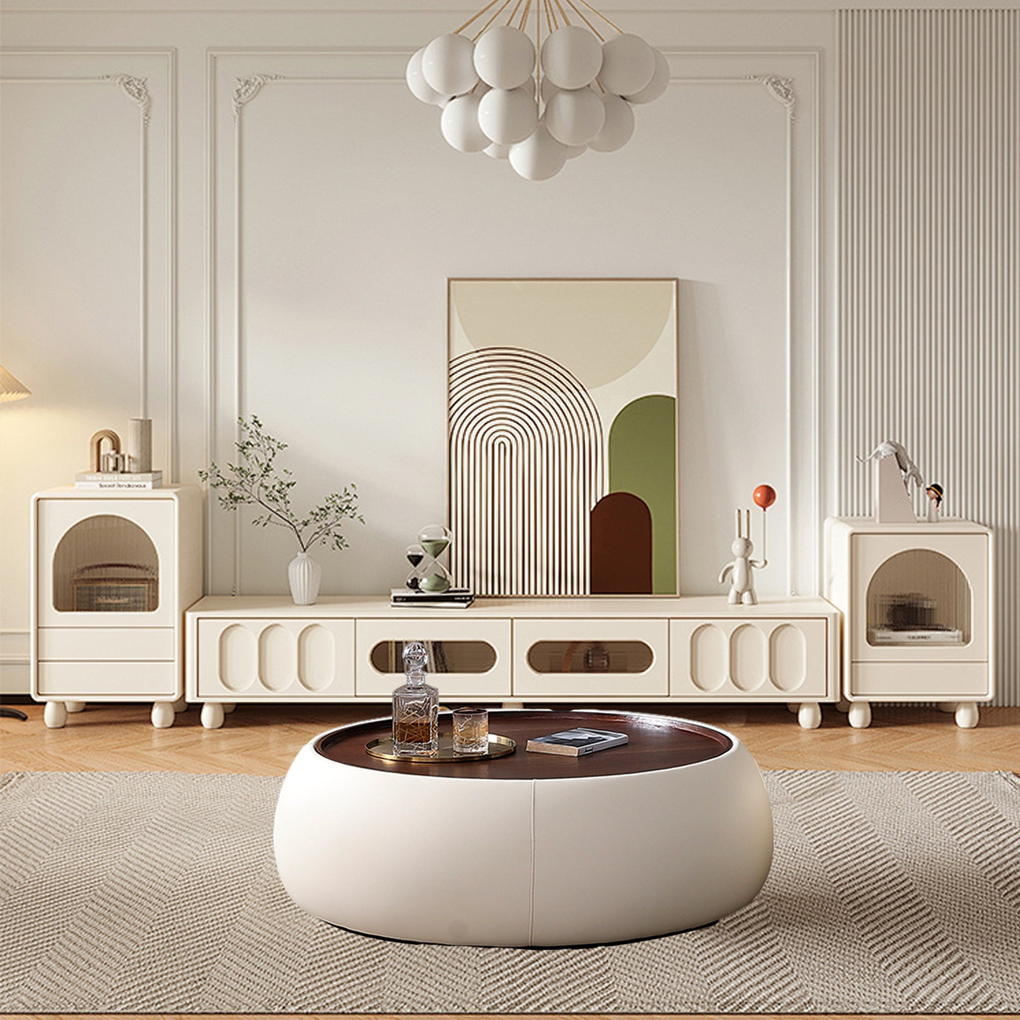 Modern Round Beige Coffee Table with Storage & Multi-Functional Hinged Tray Top