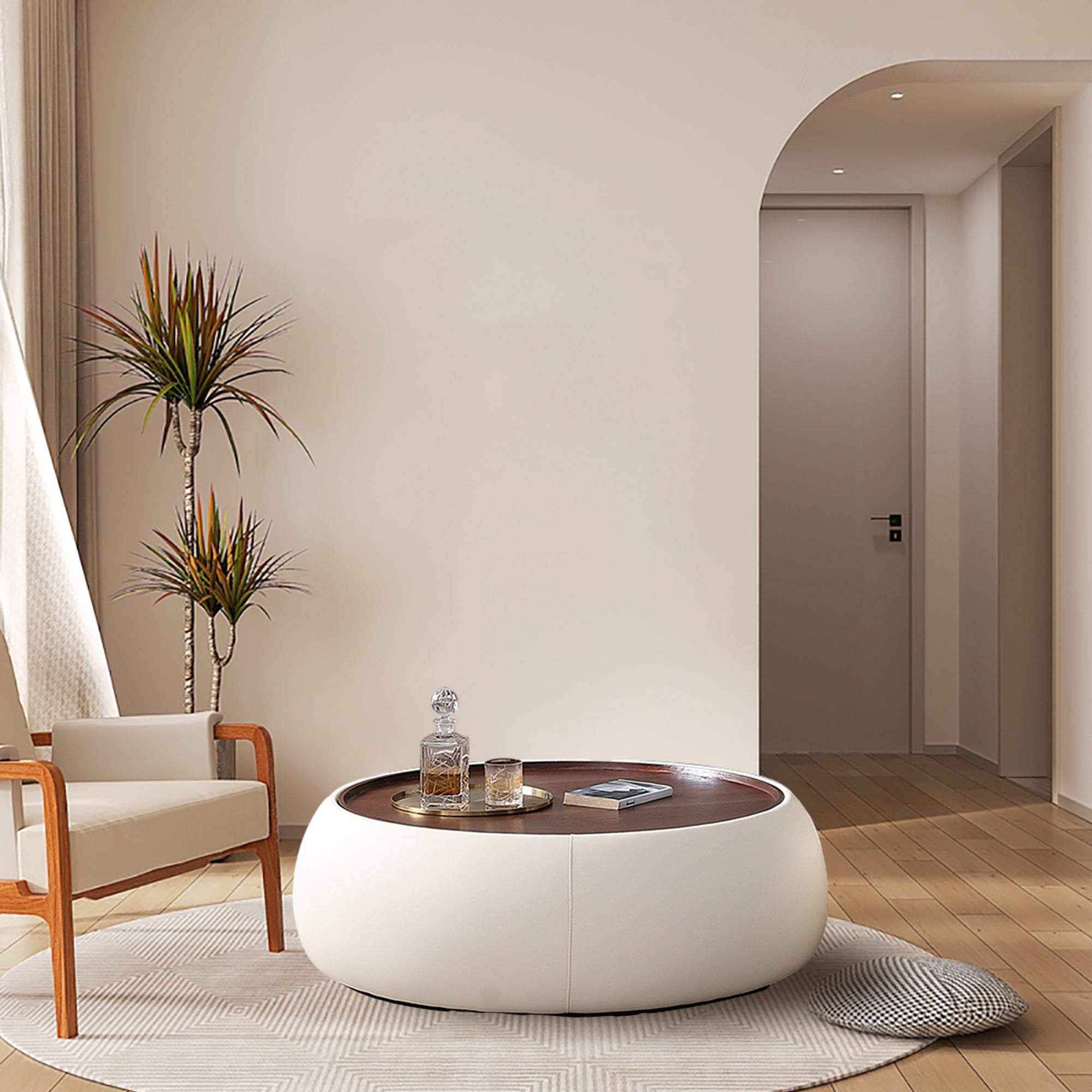 Modern Round Beige Coffee Table with Storage & Multi-Functional Hinged Tray Top