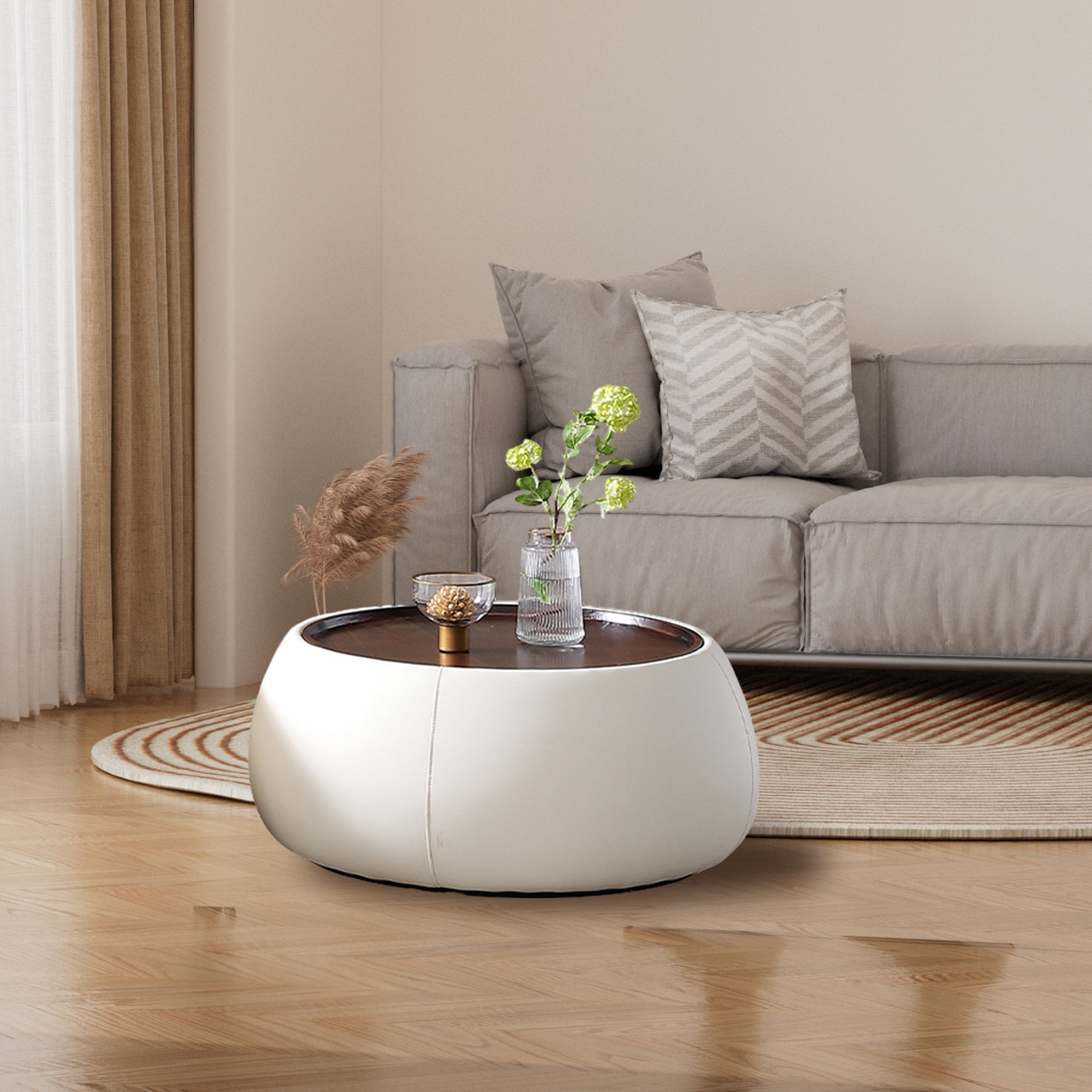 Modern Round Beige Coffee Table with Storage & Multi-Functional Hinged Tray Top