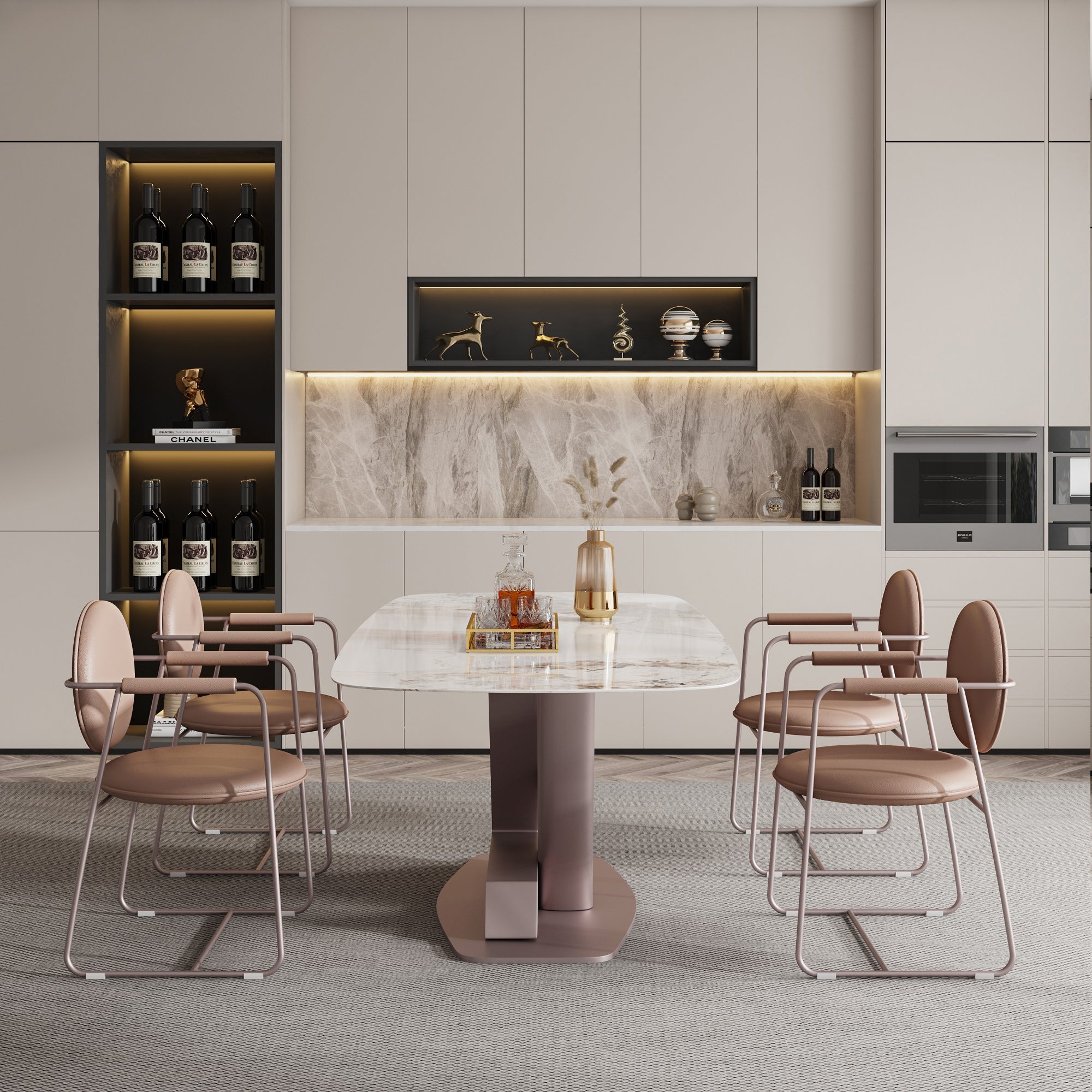 Elegant Oval Marble Dining Table | 6-Seater | White Sintered Stone & Purple Carbon Steel Base