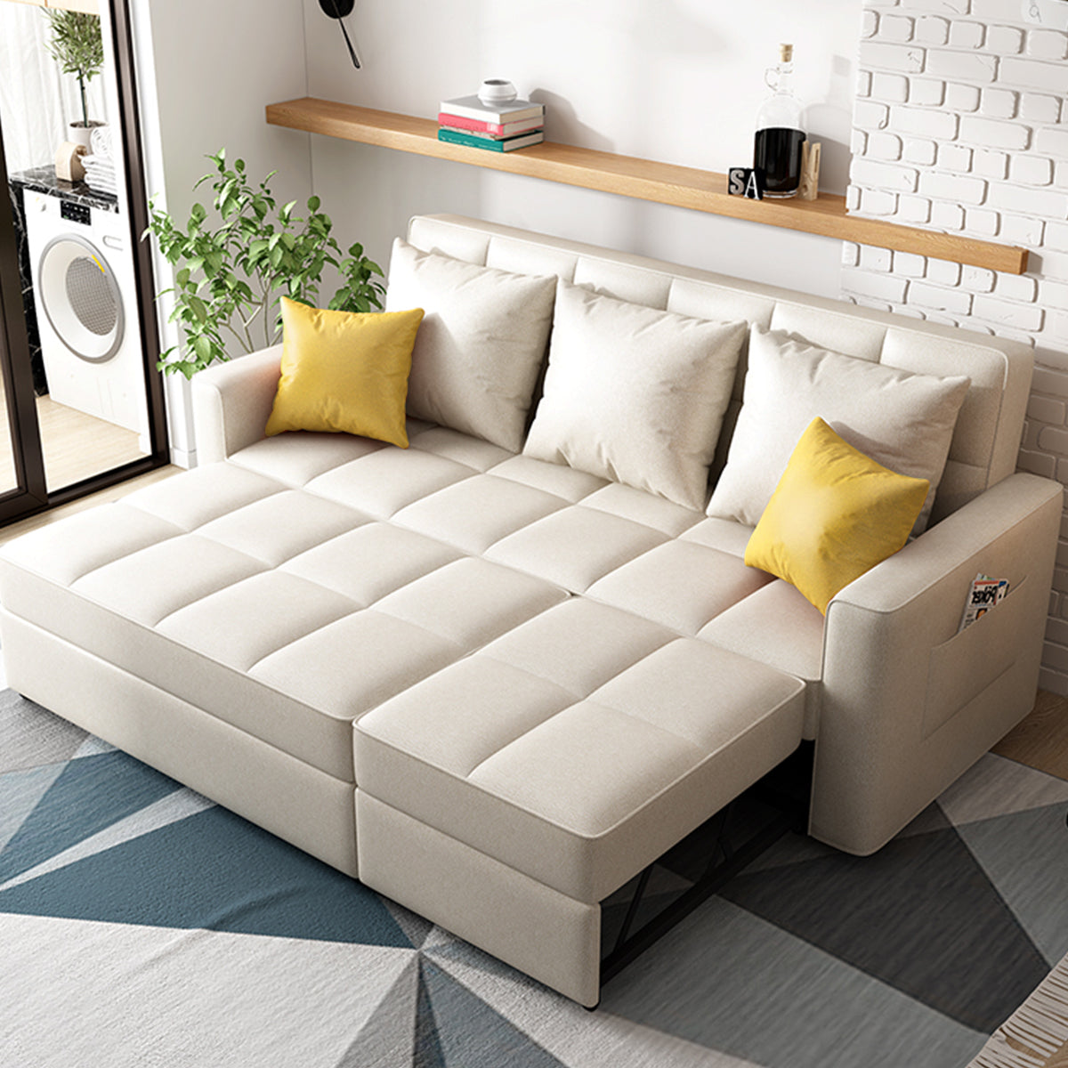 Modern Linen Convertible Sleeper Sofa Chair Bed in Beige with Metal Frame & Soft Foam Cushion