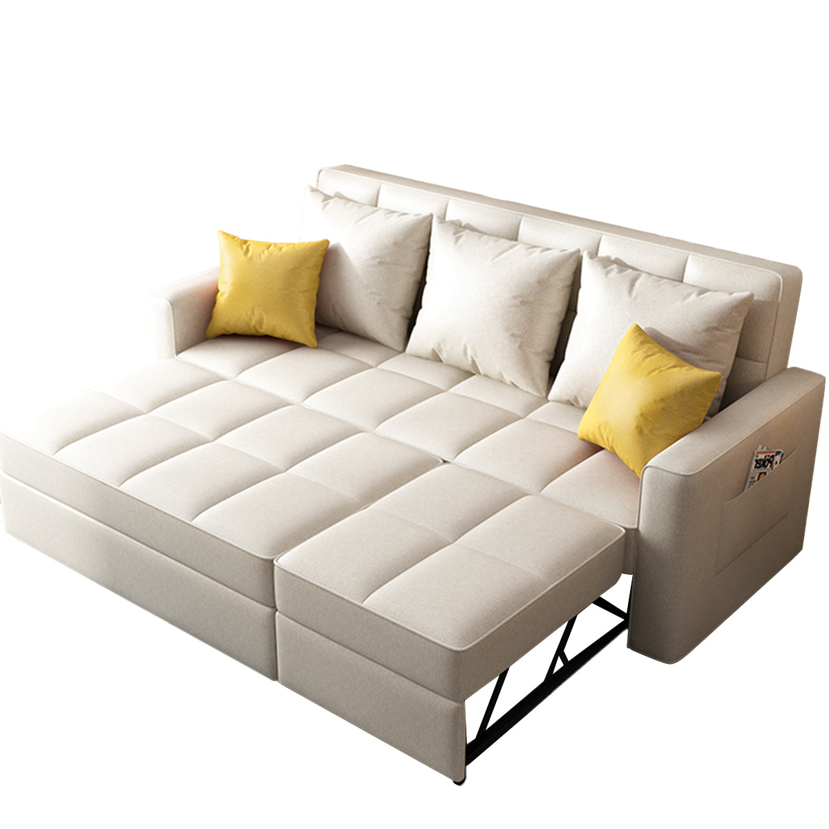 Modern Linen Convertible Sleeper Sofa Chair Bed in Beige with Metal Frame & Soft Foam Cushion