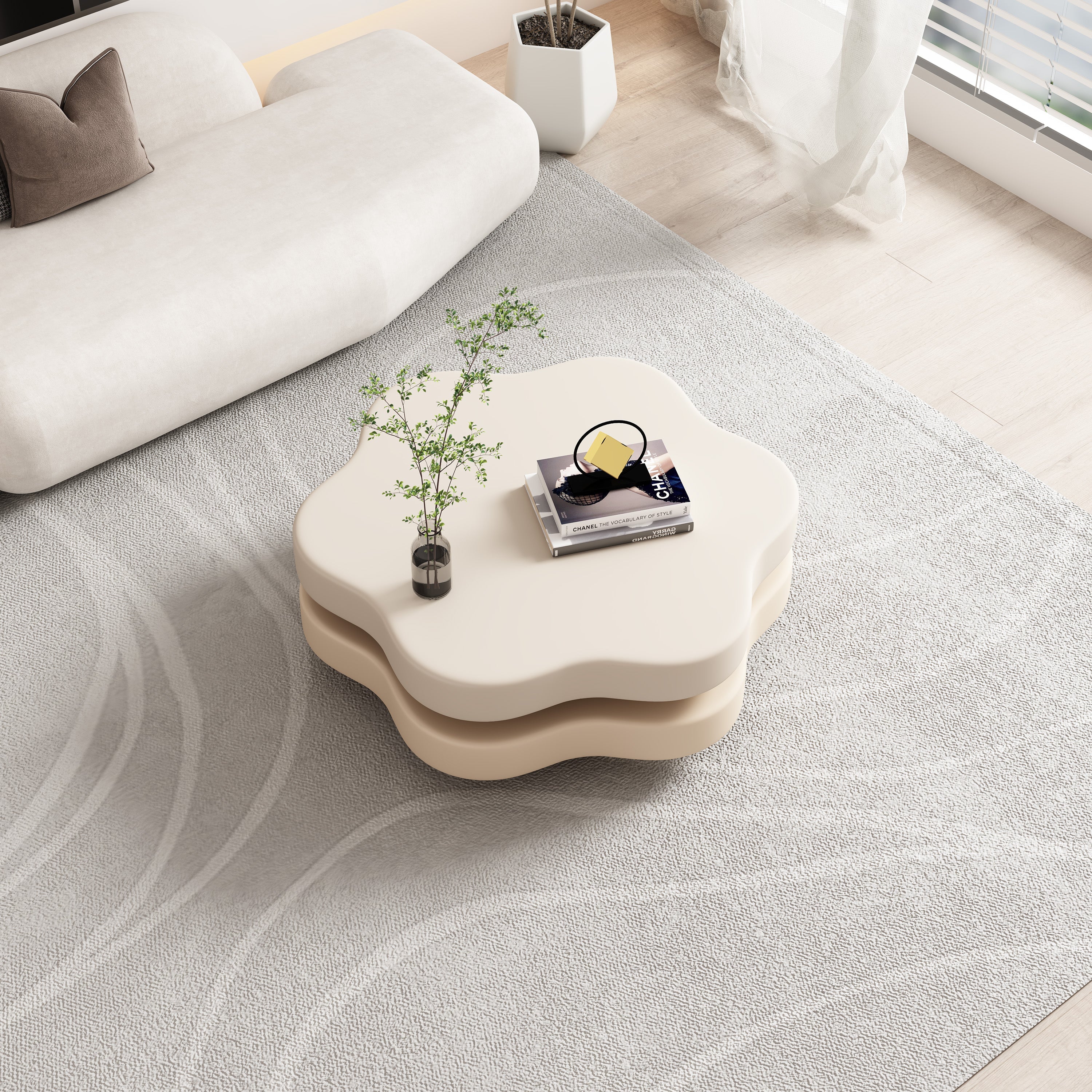 Flower-Shaped Beige MDF Coffee Table with Rotating 2-Tier Shelf
