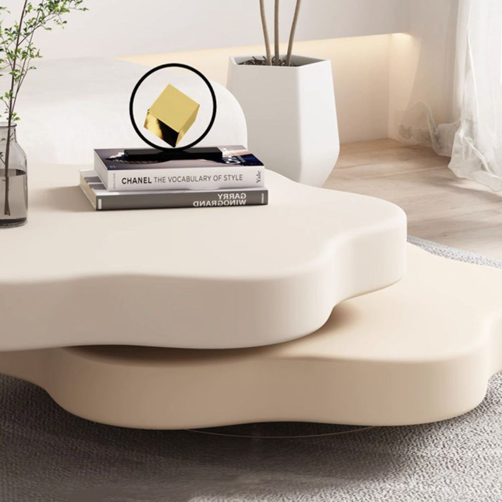 Flower-Shaped Beige MDF Coffee Table with Rotating 2-Tier Shelf