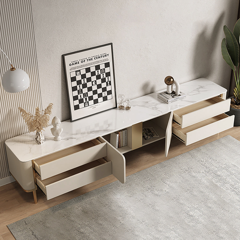 Modern Luxury Beige TV Stand with Marbling Slate & MDF, Spacious Drawers & Shelves