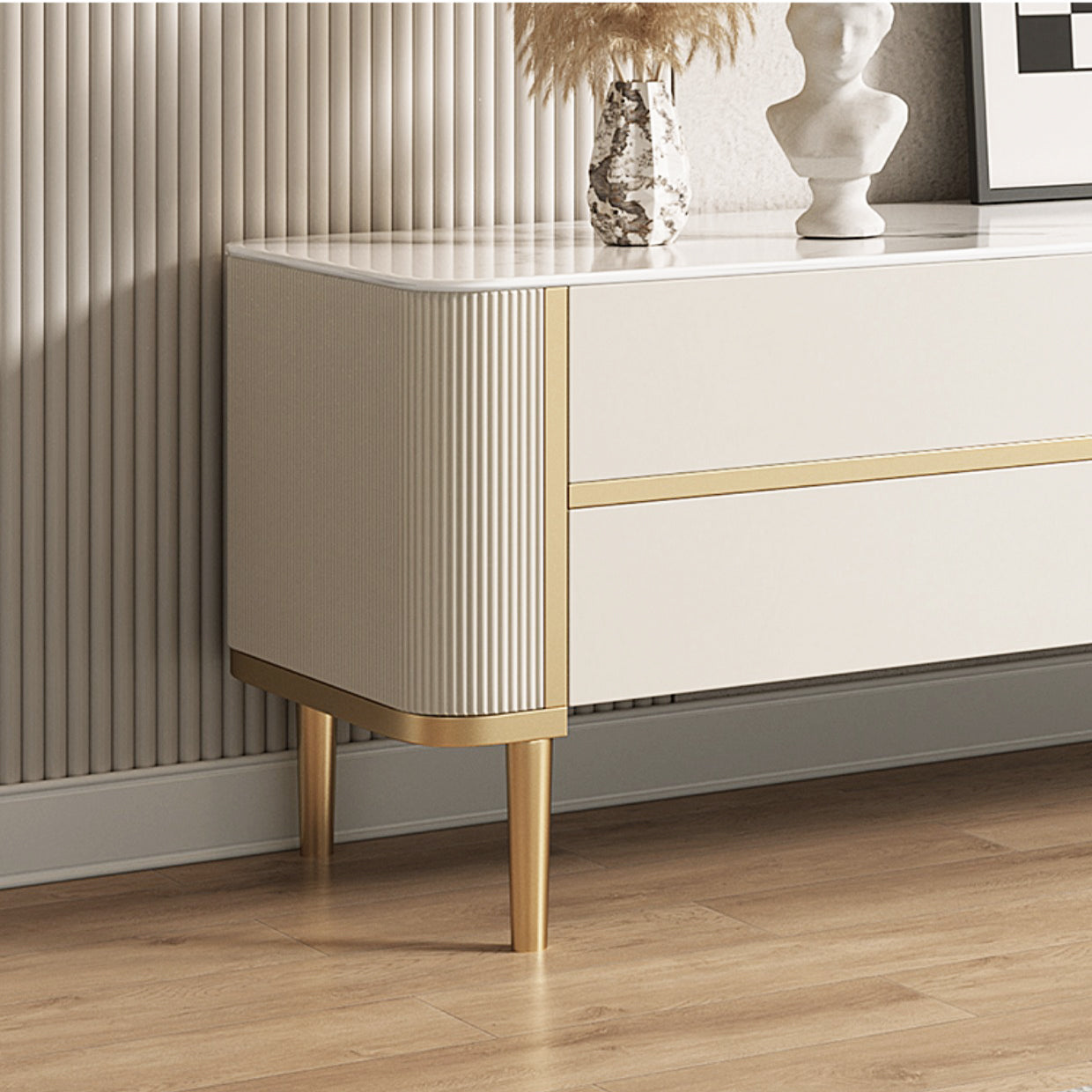 Modern Luxury Beige TV Stand with Marbling Slate & MDF, Spacious Drawers & Shelves