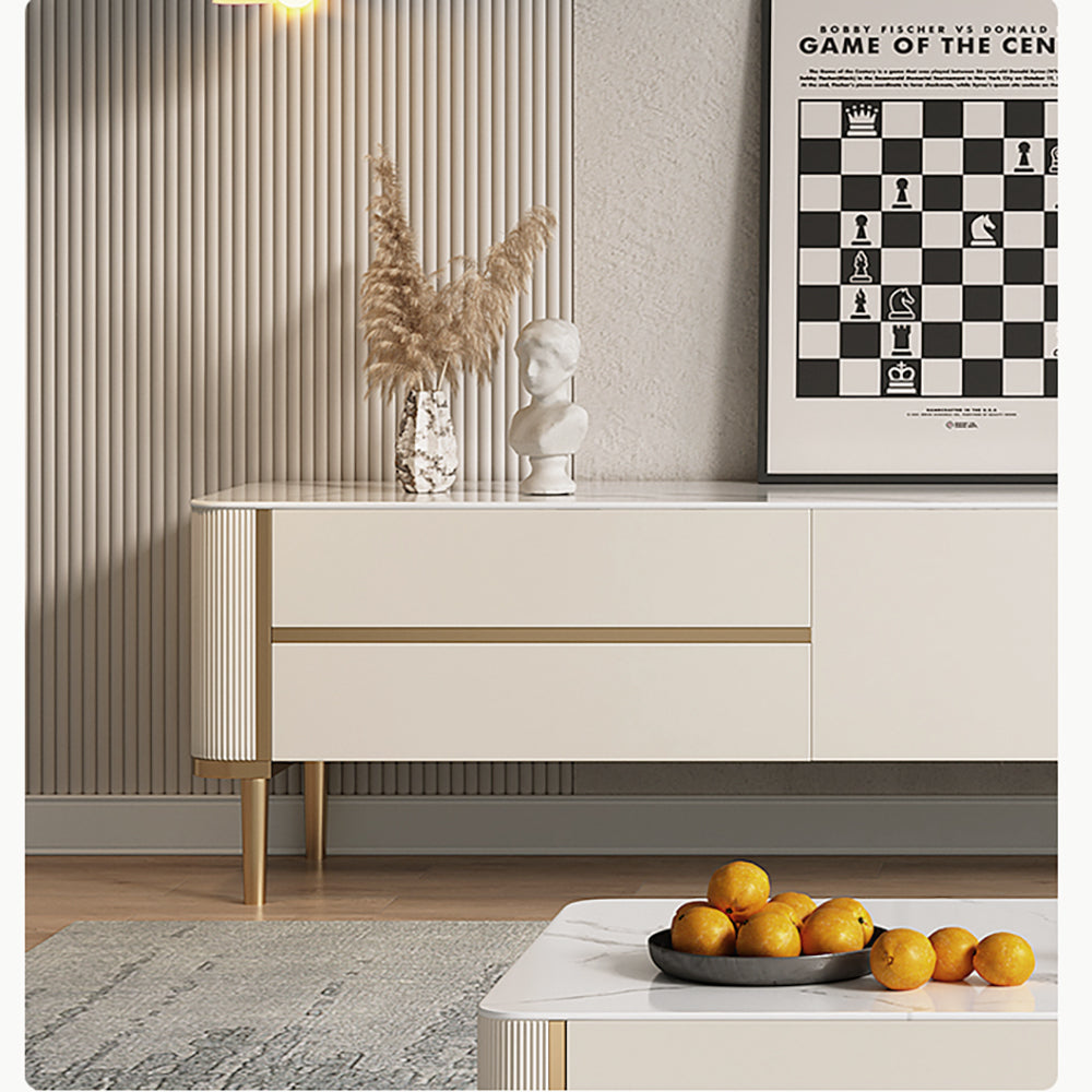 Modern Luxury Beige TV Stand with Marbling Slate & MDF, Spacious Drawers & Shelves