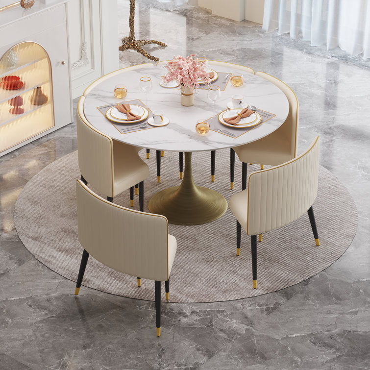 Elegant Round Dining Table Set with Sintered Stone Top & Brass Iron Legs