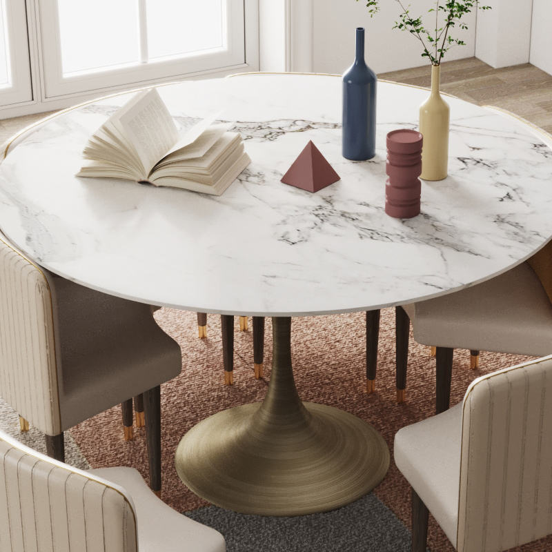 Elegant Round Dining Table Set with Sintered Stone Top & Brass Iron Legs