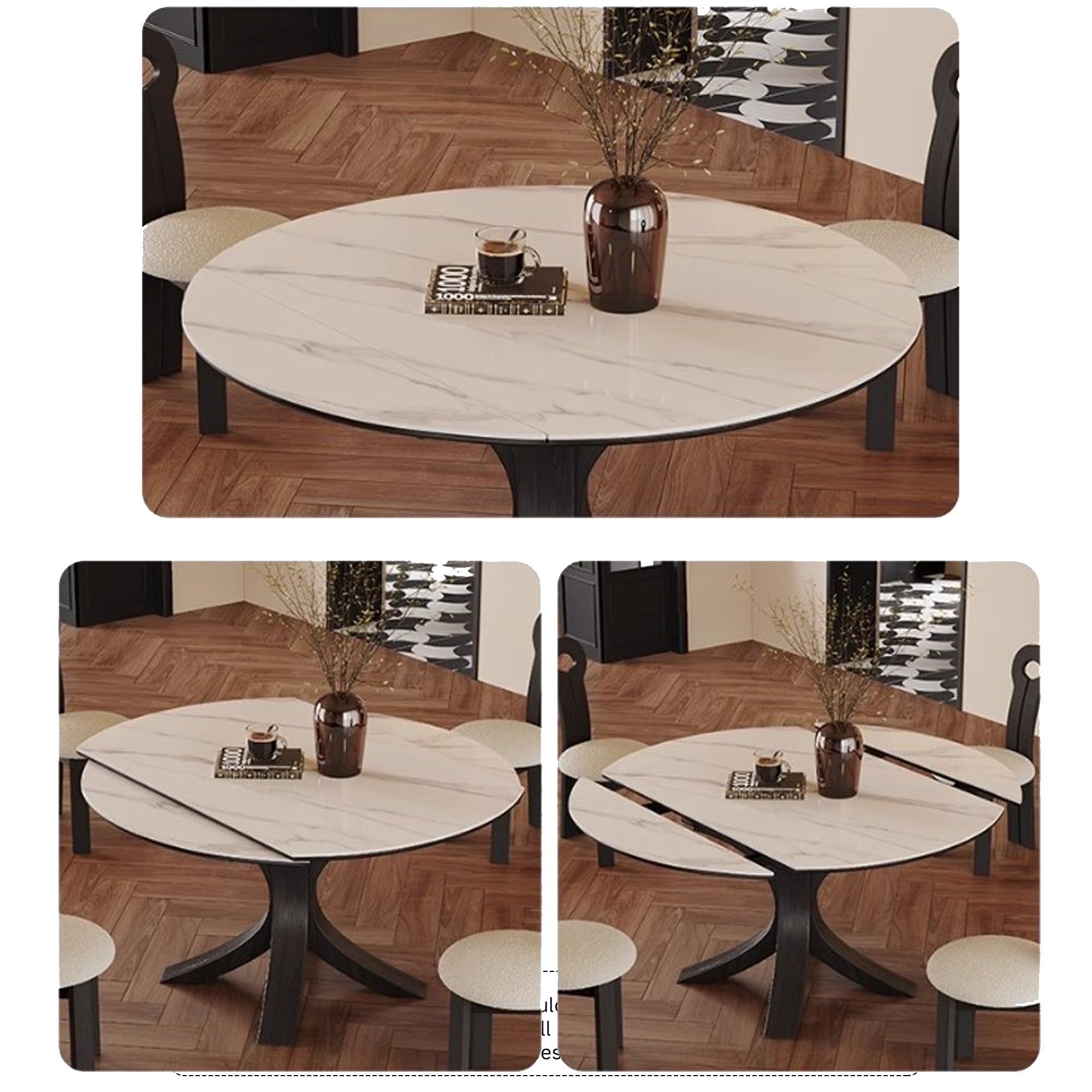 Luxury Convertible Dining Table with Sintered Stone Top & Telescopic Wooden Base