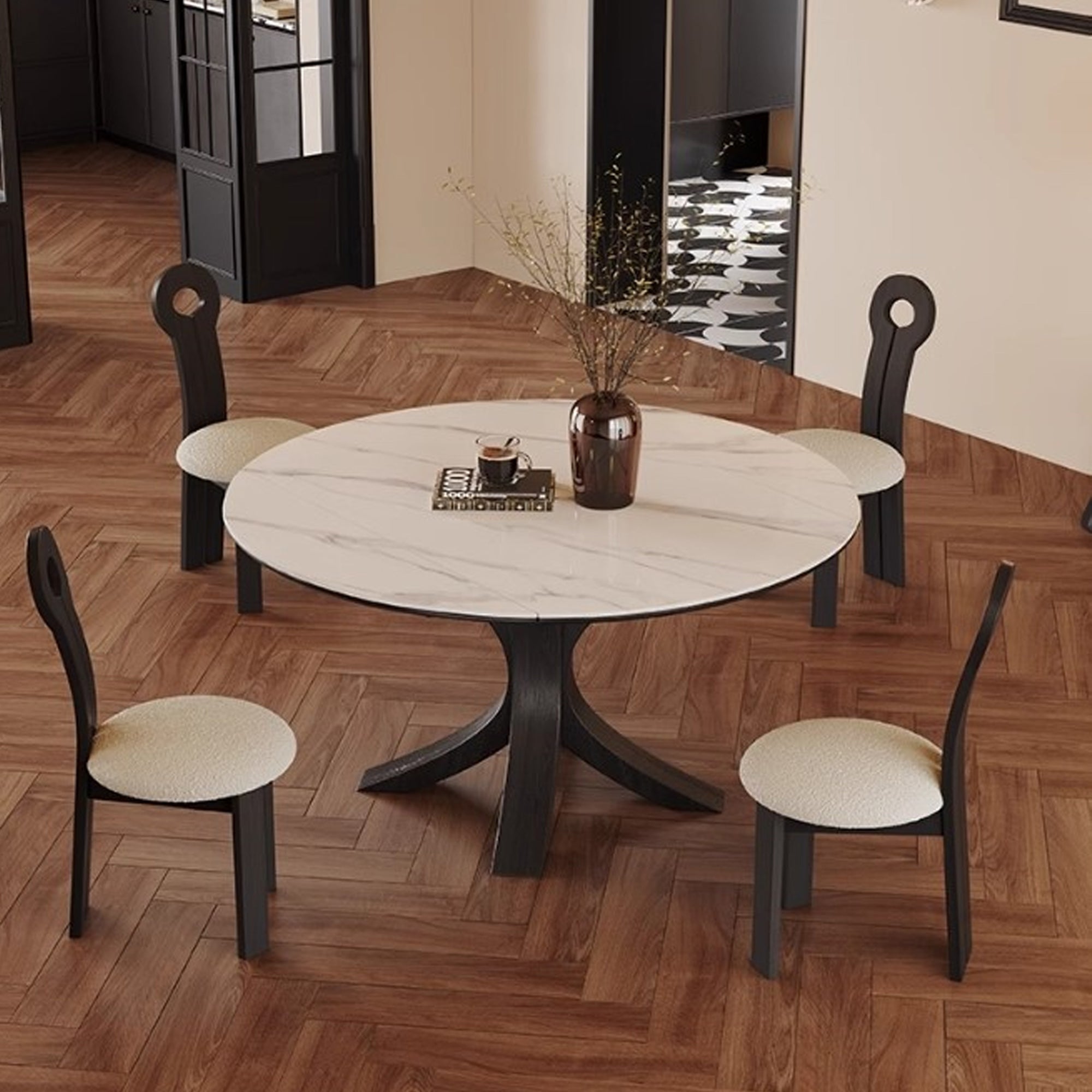 Luxury Convertible Dining Table with Sintered Stone Top & Telescopic Wooden Base