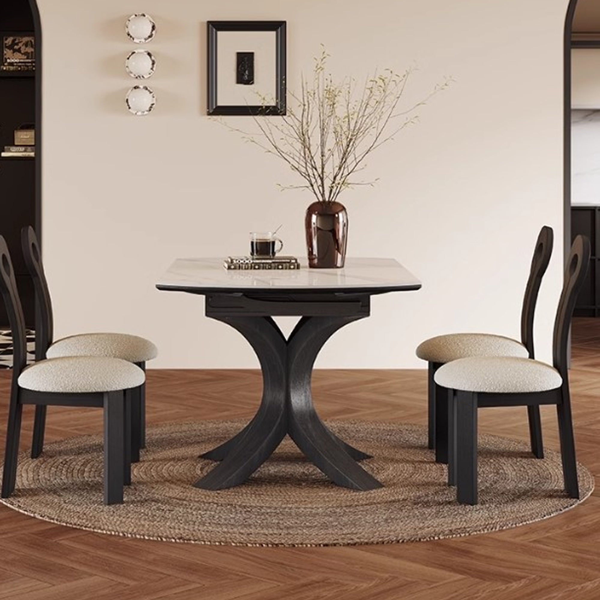 Luxury Convertible Dining Table with Sintered Stone Top & Telescopic Wooden Base