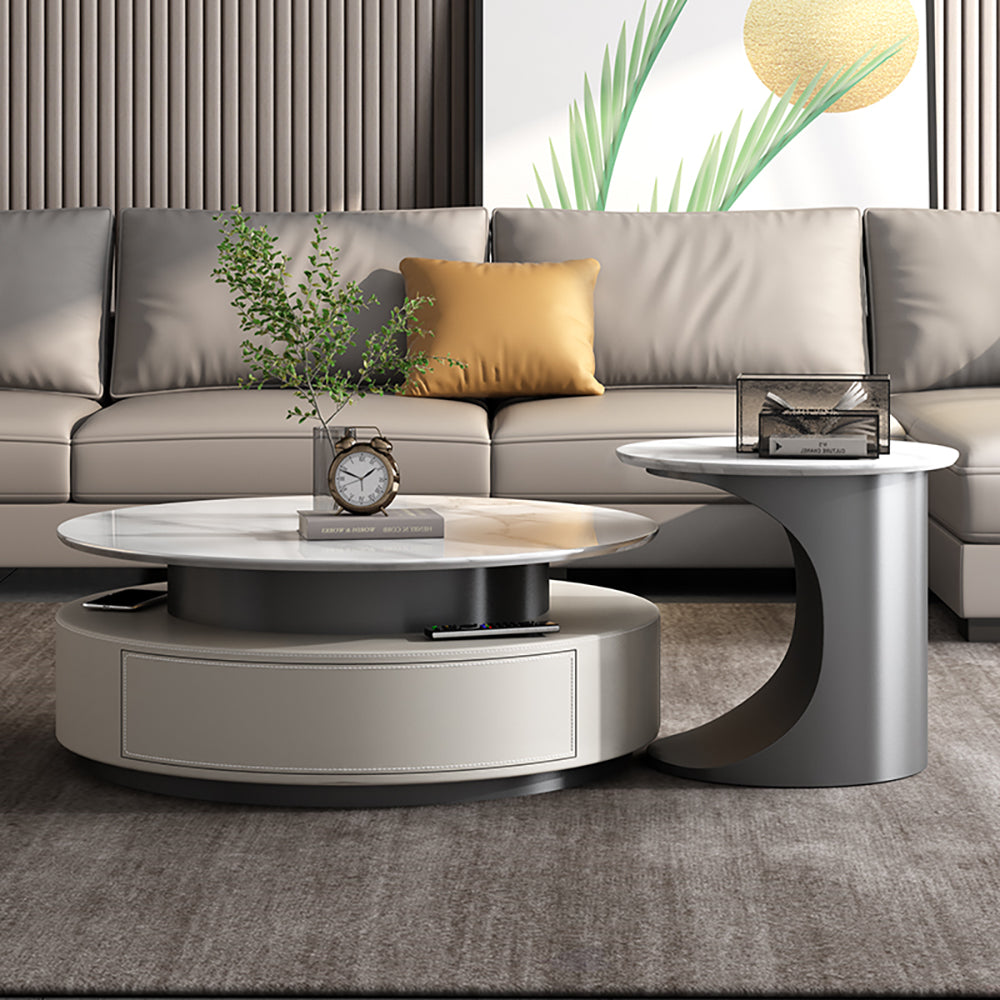 Luxury Slate Top Modern High-Low Round Coffee Table Set with Storage Drawers in Grey