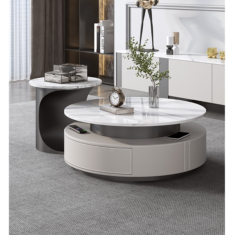 Luxury Slate Top Modern High-Low Round Coffee Table Set with Storage Drawers in Grey