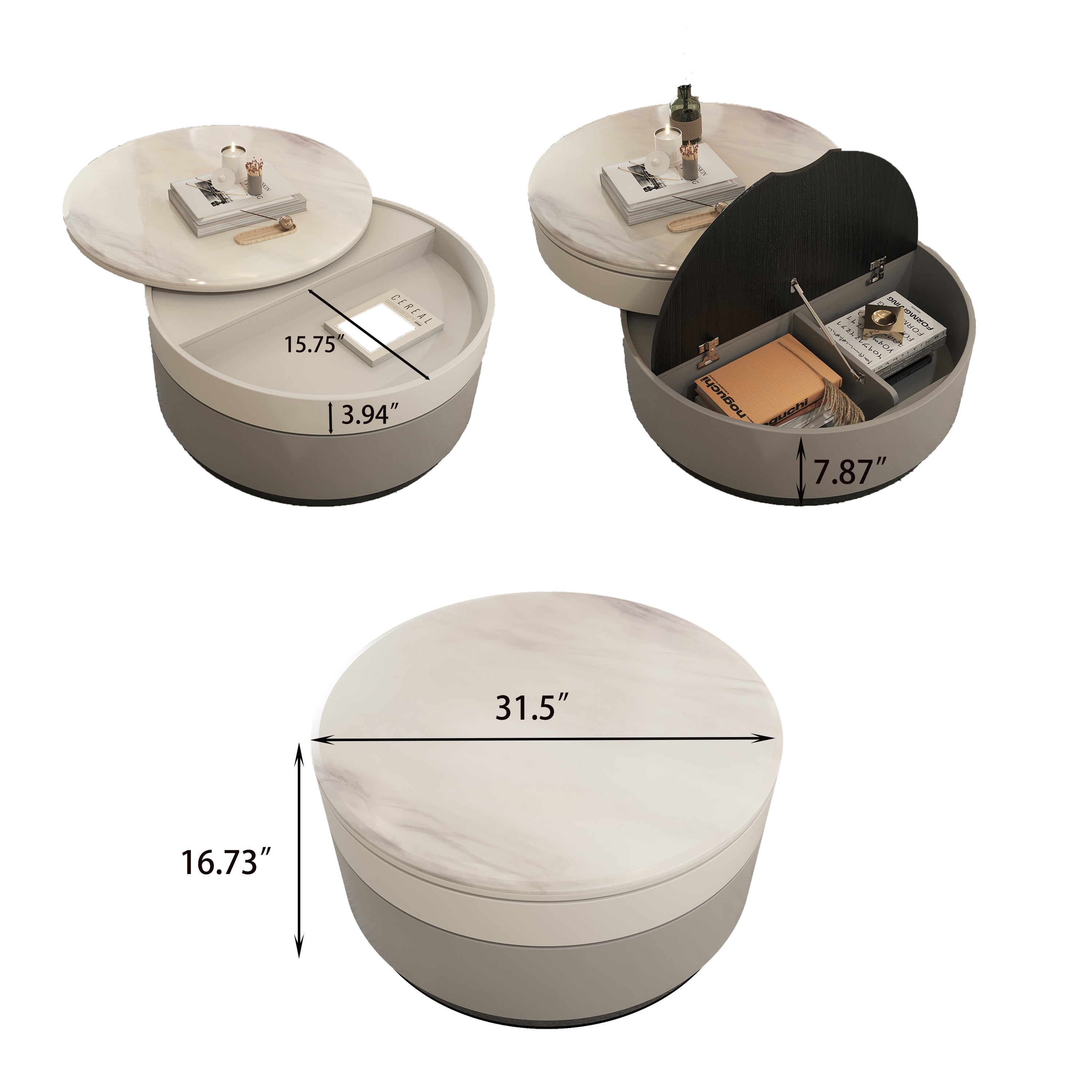 Beige Modern Microcrystalline Round Coffee Table with Rotating 3-Tier Design & Storage