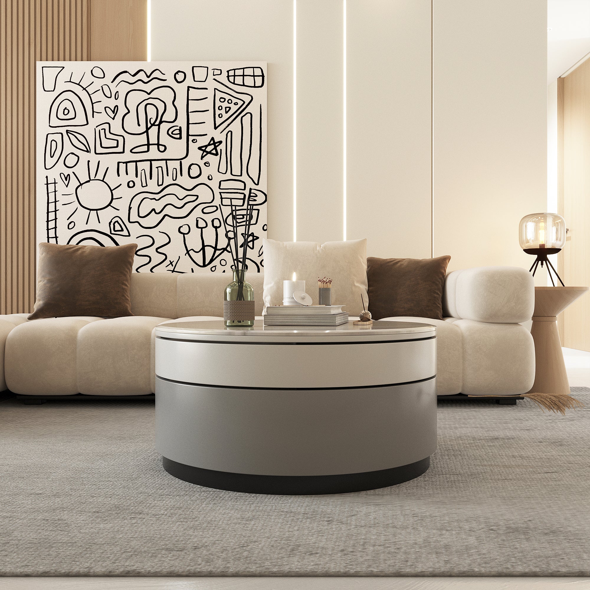 Beige Modern Microcrystalline Round Coffee Table with Rotating 3-Tier Design & Storage