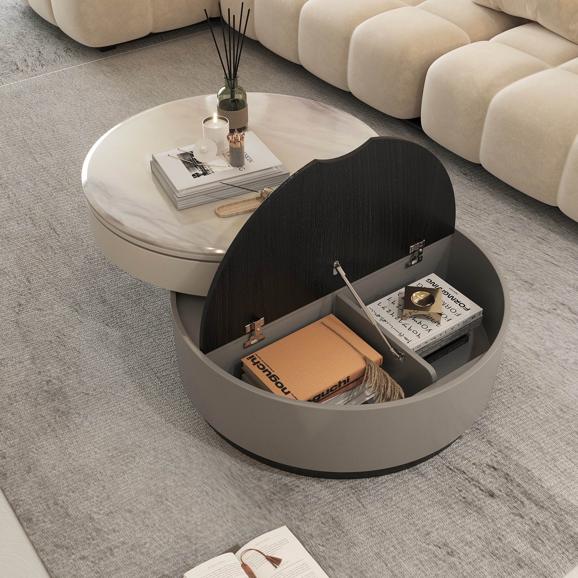 Beige Modern Microcrystalline Round Coffee Table with Rotating 3-Tier Design & Storage