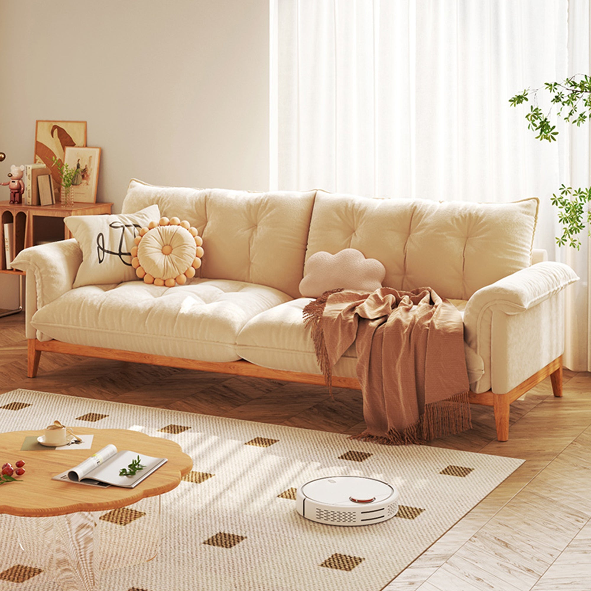 Beige Modern 3-Seater Sofa with Solid Wood Frame & Cotton Linen Upholstery