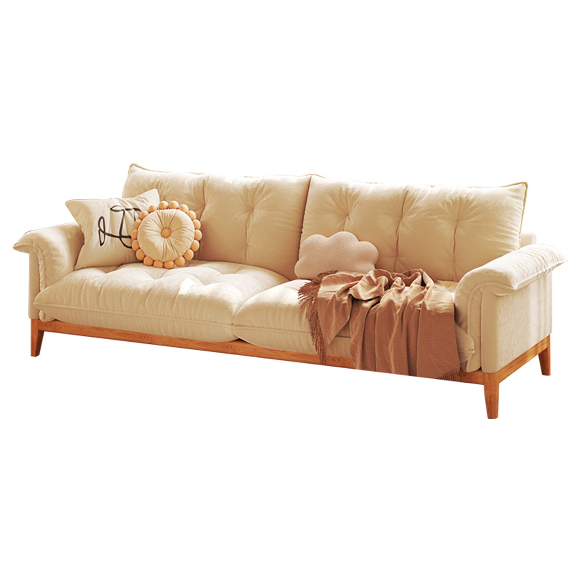 Beige Modern 3-Seater Sofa with Solid Wood Frame & Cotton Linen Upholstery
