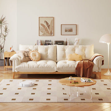 Modern 3-Seater Sofa Beige Solid Wood Cotton Linen Sofa