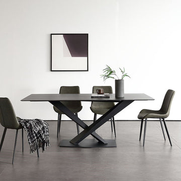 Modern Black Marble Dining Table with Sintered Stone Top & Metal X-Base