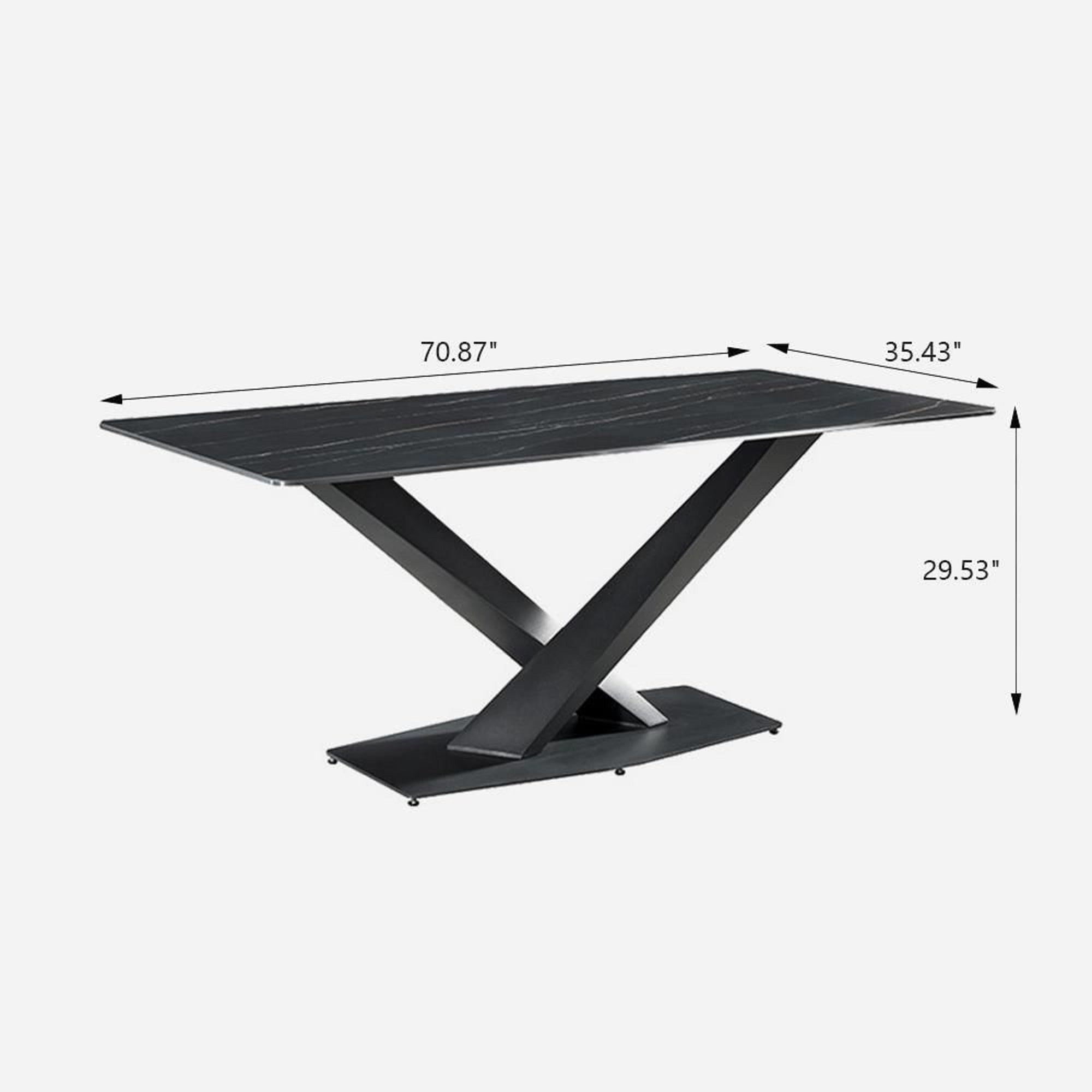 Modern Black Marble Dining Table with Sintered Stone Top & Metal X-Base
