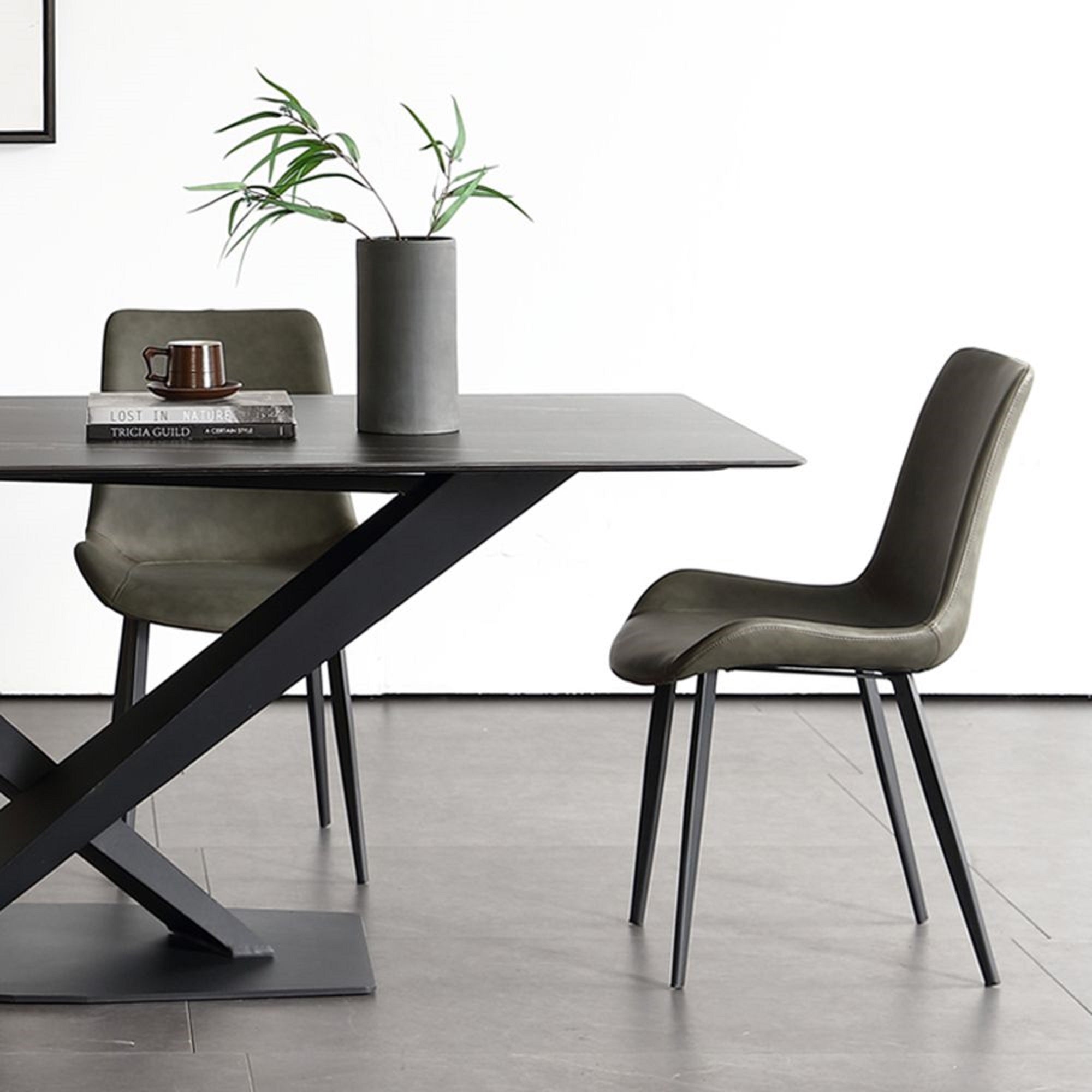 Modern Black Marble Dining Table with Sintered Stone Top & Metal X-Base
