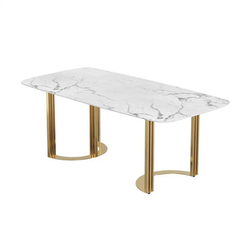 Modern White Marble Dining Table with Gold Stainless Steel Double Pedestal Base