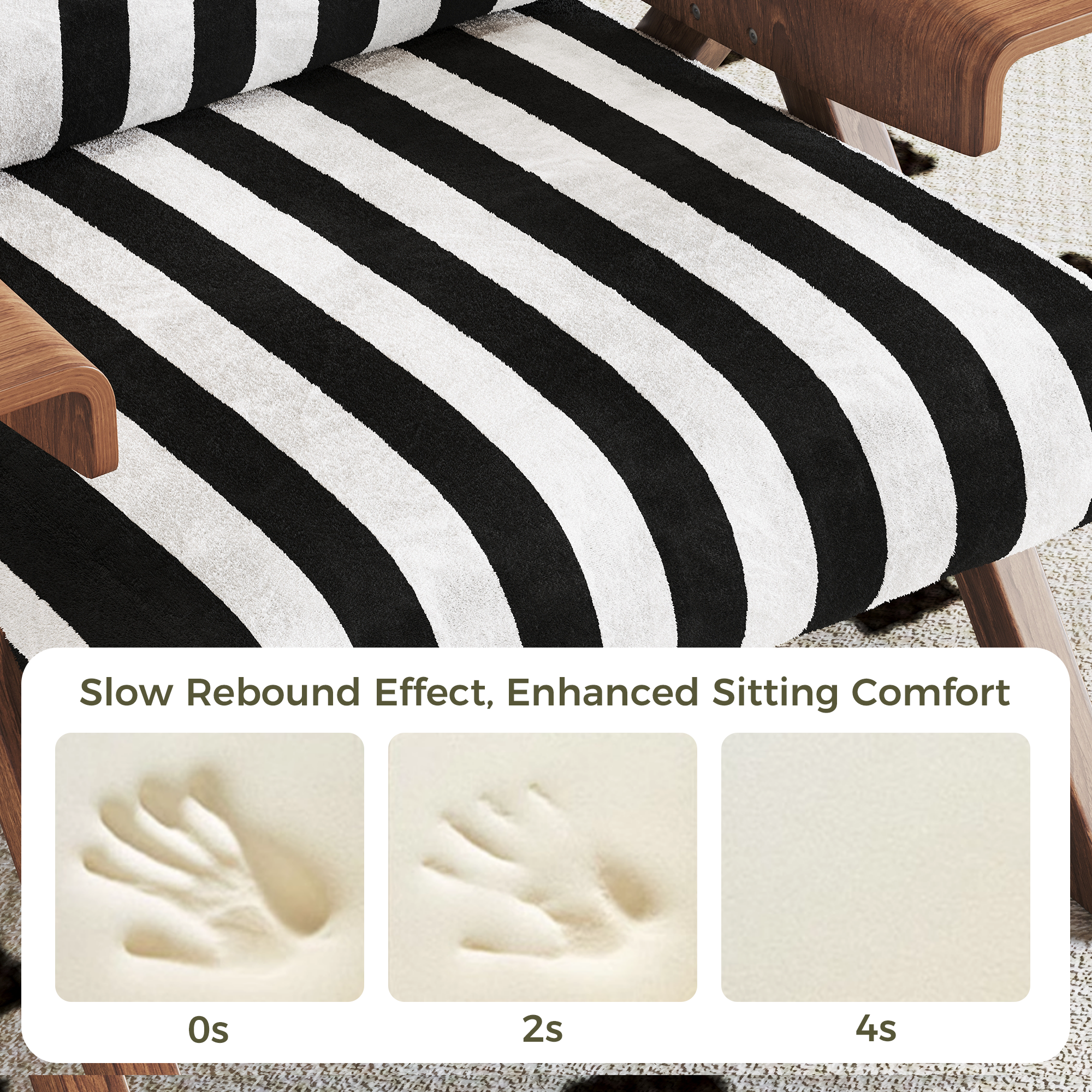 Modern Accent Armchair with Stripe Design & Wooden Frame - Black & White