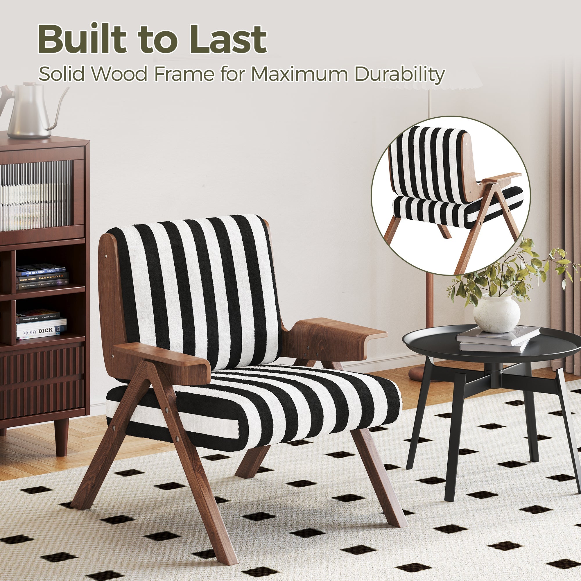 Modern Accent Armchair with Stripe Design & Wooden Frame - Black & White