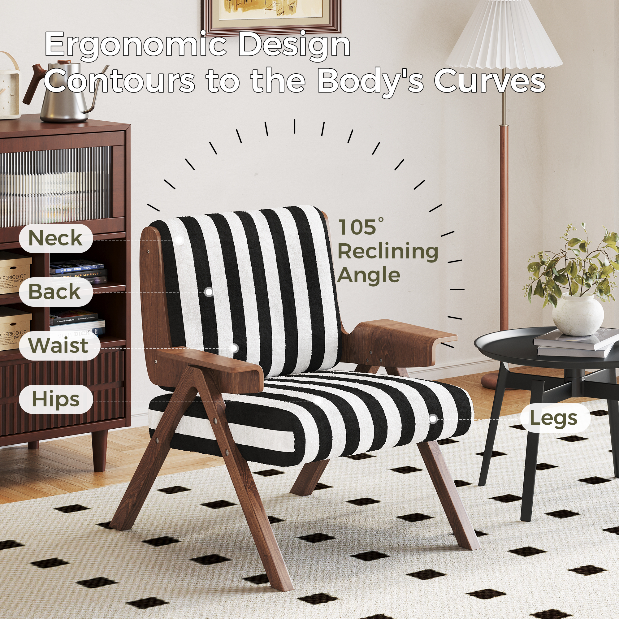Modern Accent Armchair with Stripe Design & Wooden Frame - Black & White
