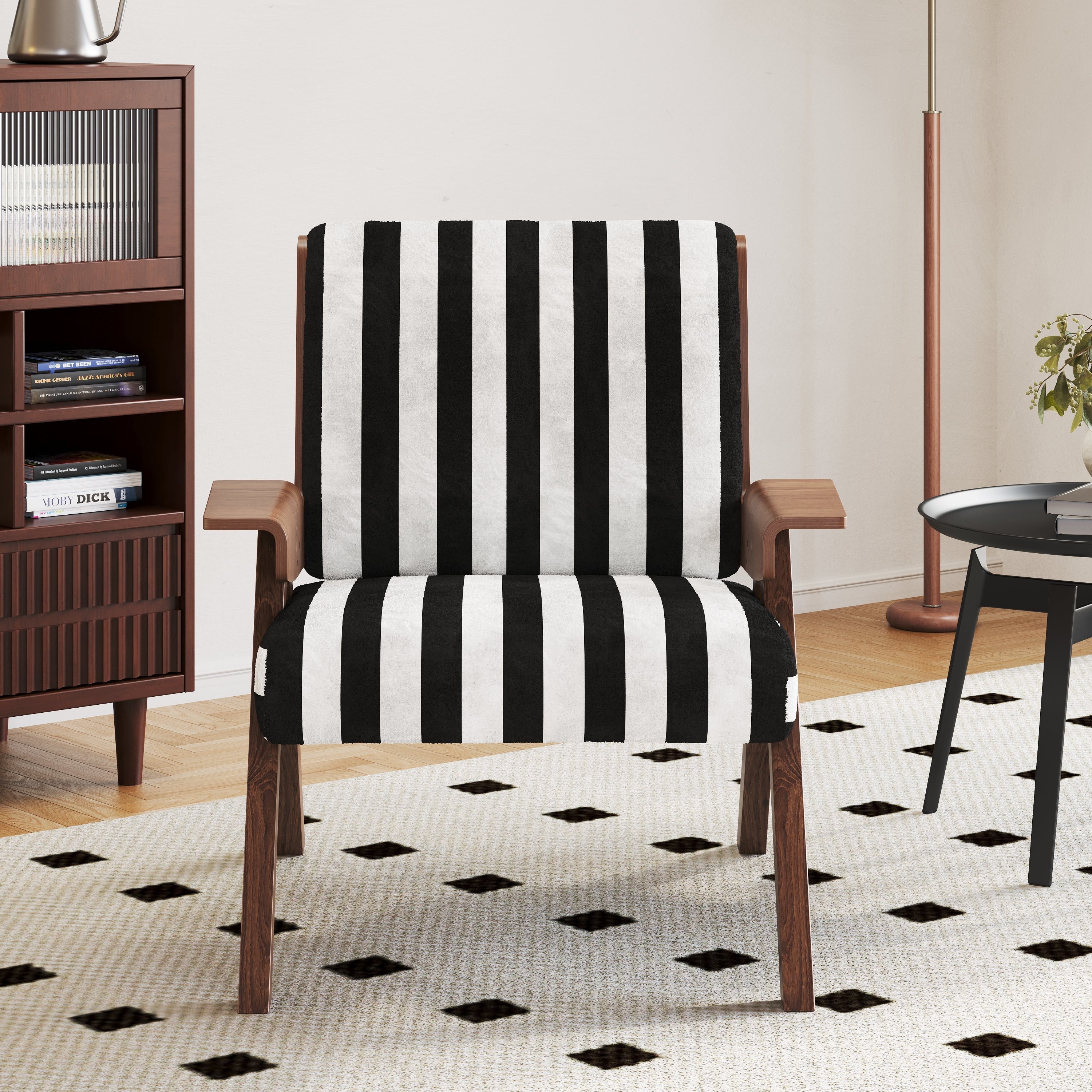 Modern Accent Armchair with Stripe Design & Wooden Frame - Black & White